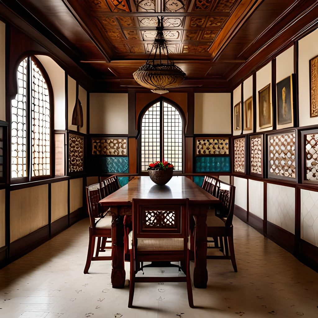 Almond Wood furniture in a Moroccan house, featuring a sturdy and elegant dining table and chairs, with intricate carvings and details, an expansive window allowing the sunlight to stream in, highlighting the wood's natural beauty and texture