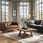 A cozy living room with a rustic oak wood coffee table, leather armchair, and a plush sofa, large windows overlooking a forest view, warm sunlight streaming in, emphasizing the natural beauty of oak wood